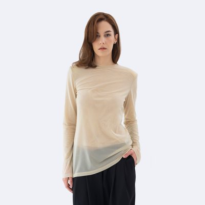 Beige asymmetric double layered Delicate Longsleeve with shoulder pads, Beige, XS