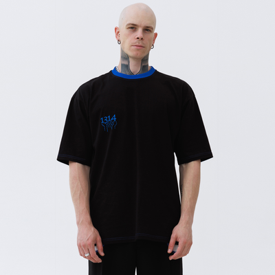 Black unisex Fortitude T-shirt with a blue collar, Black, XS