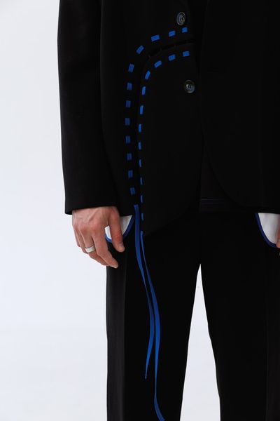 Unisex black single-breasted Resilient Blazer jacket with blue lacing, Black, XS