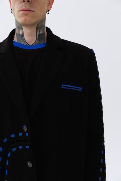 Unisex black single-breasted Resilient Blazer jacket with blue lacing, Black, XS