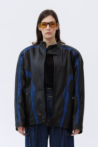 Куртка оверсайз Speed Jacket із натуральної італійської шкіри 131421 Black & Royal Blue фото